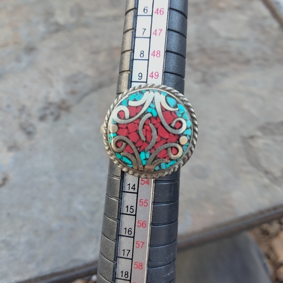 Vintage Red Coral/Turquoise Sterling Silver Ring Size 6